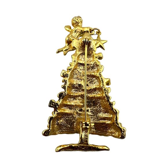 Green Christmas Tree Brooch Red Bows Angel Topped Rhinestone Star - Picture 2 of 6